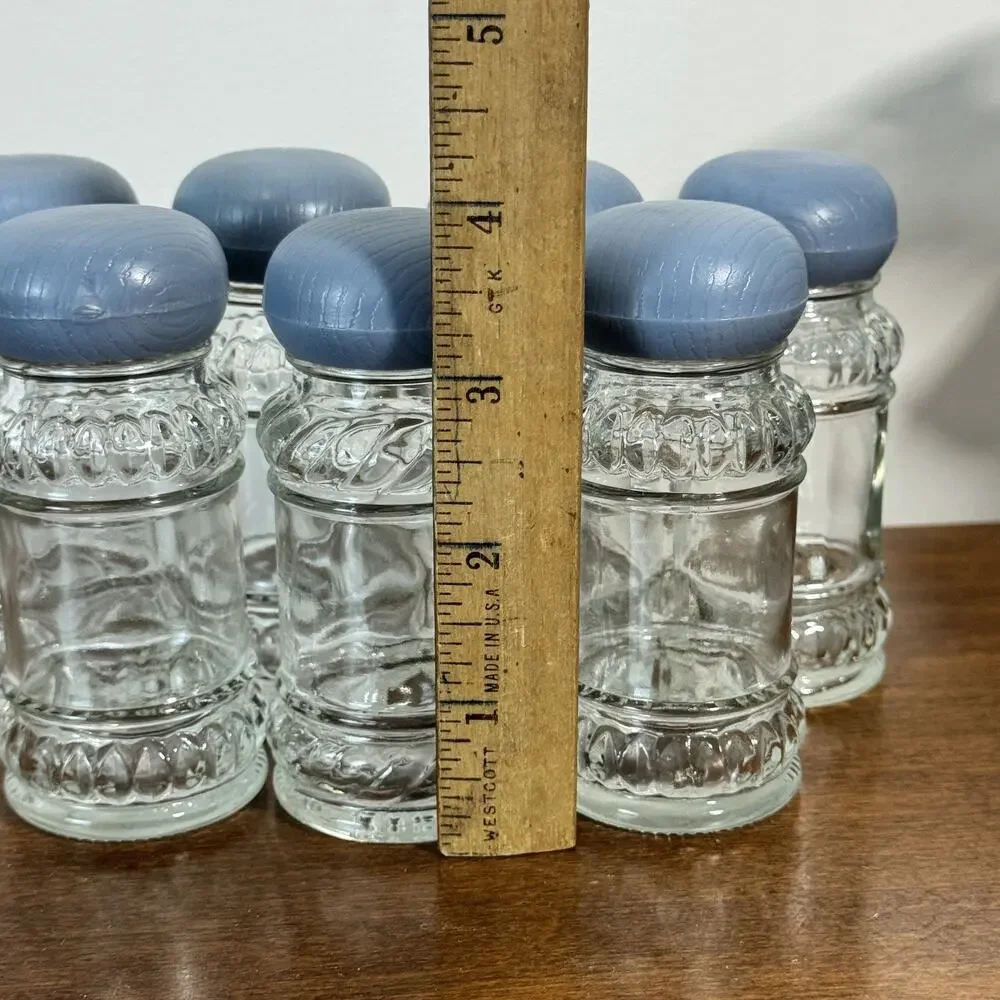 Set of 7 Vintage Clear Glass Shakers with Country Blue Plastic Caps Spice Salt